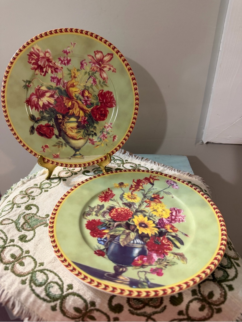 Vintage Limoges Floral Decorative Plates in Pale Green & Red & Yellow Bouquet